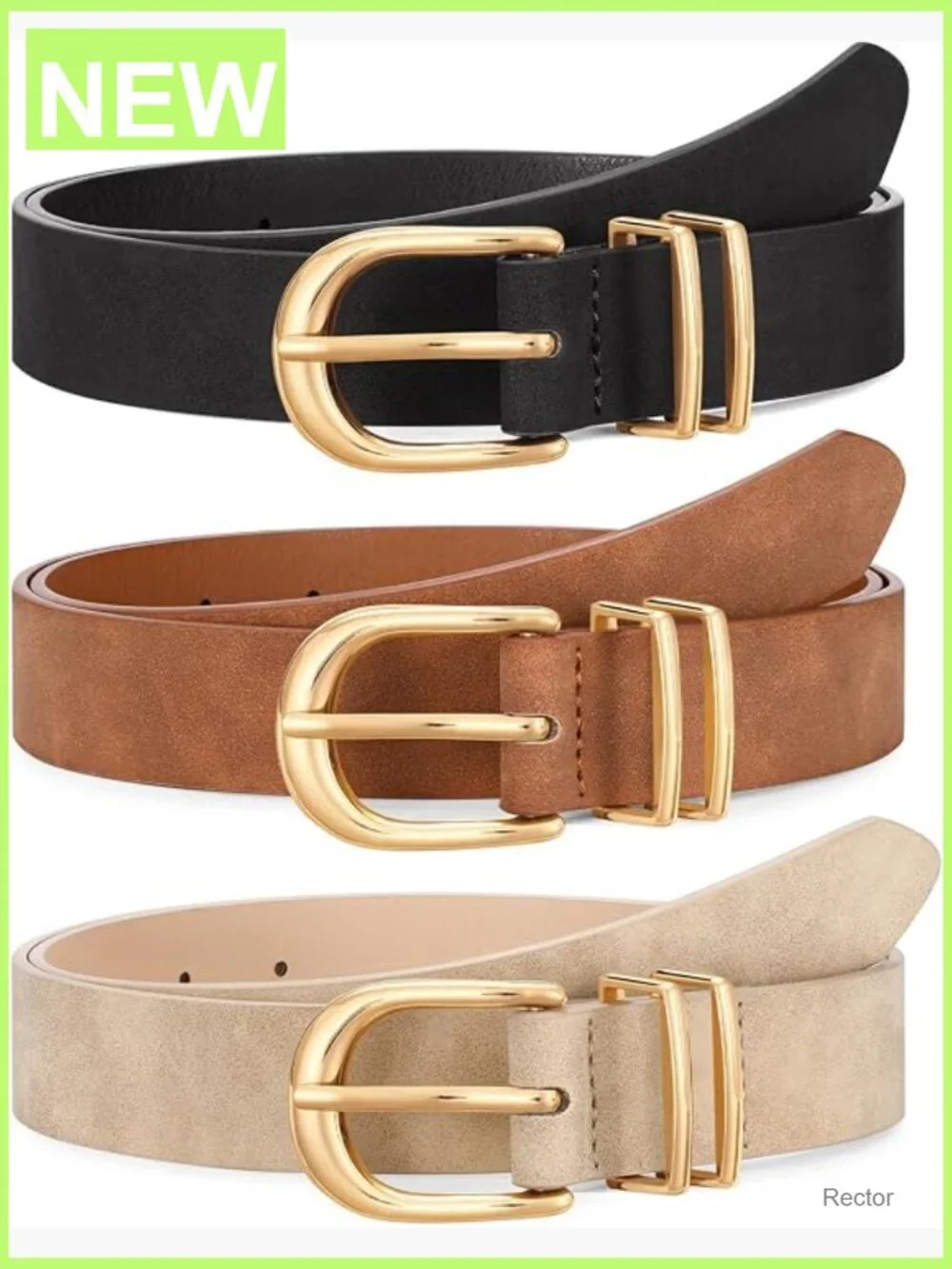 3 Pack Faux Leather Belts for Jeans Dresses - Gold Buckle Waist Belt